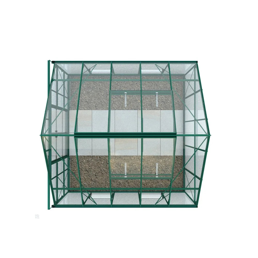 Rhino Greenhouse with a green metal frame and transparent panels, viewed from above. Inside, three rectangular plots are visible, surrounded by gravel flooring.