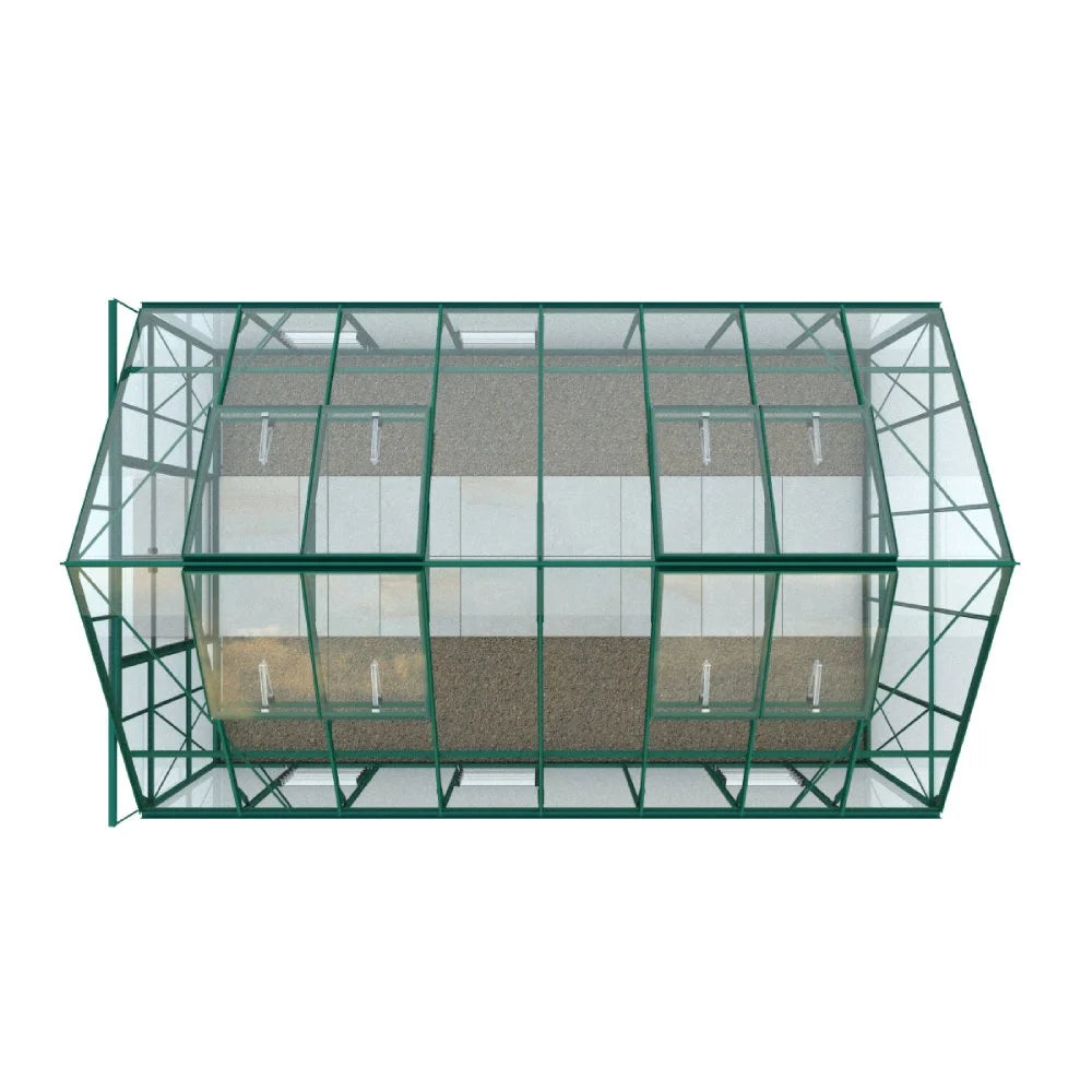 A rectangular Rhino Greenhouse with green metal framework and glass panels, seen from above, displaying a symmetrical structure. It's likely positioned in an open space for gardening purposes.