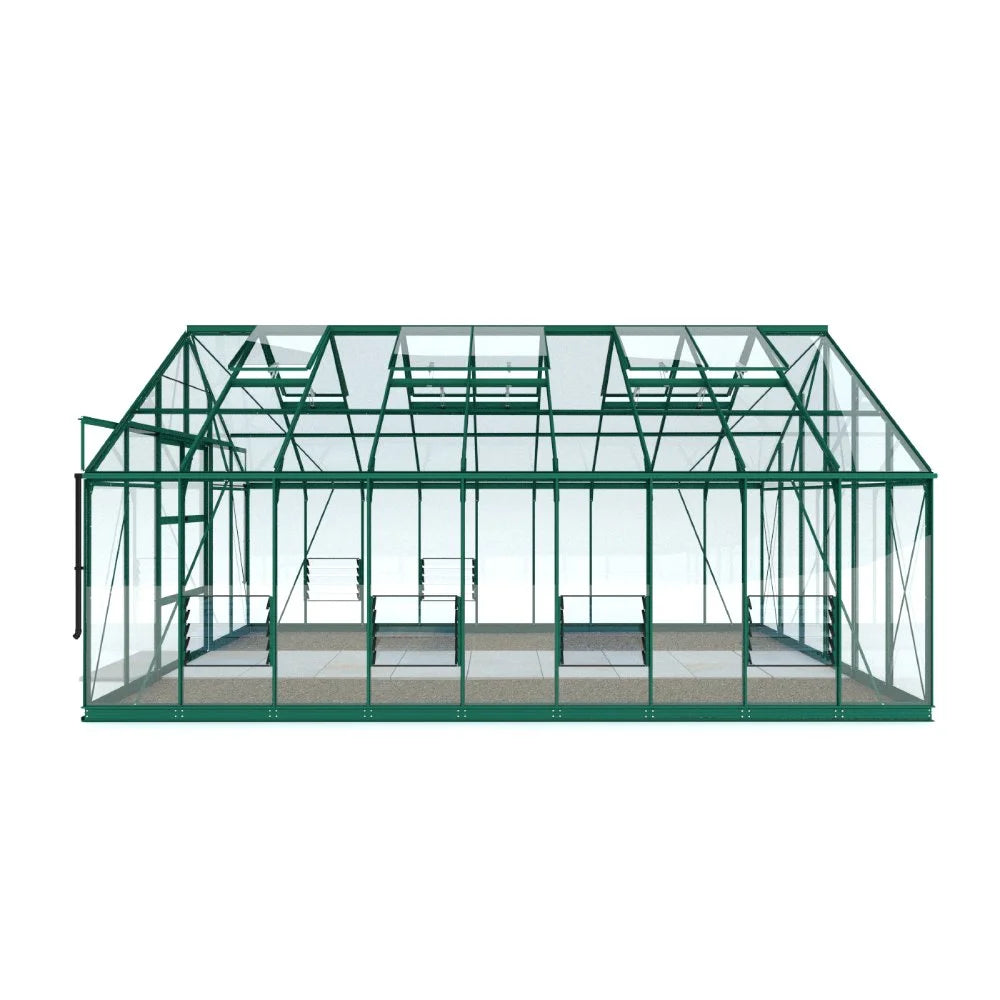 A green-framed glass Rhino Greenhouse stands empty, showcasing an interior with shelving. The structure features a pitched roof and multiple windows, situated on a tiled floor in a minimalistic setting.