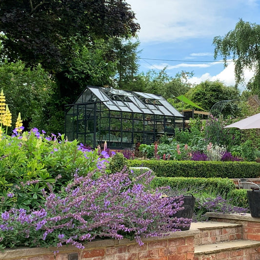 A glass Rhino Greenhouse stands amidst a vibrant garden filled with colorful flowers and lush greenery, bordered by brick and stone pathways under a clear blue sky.