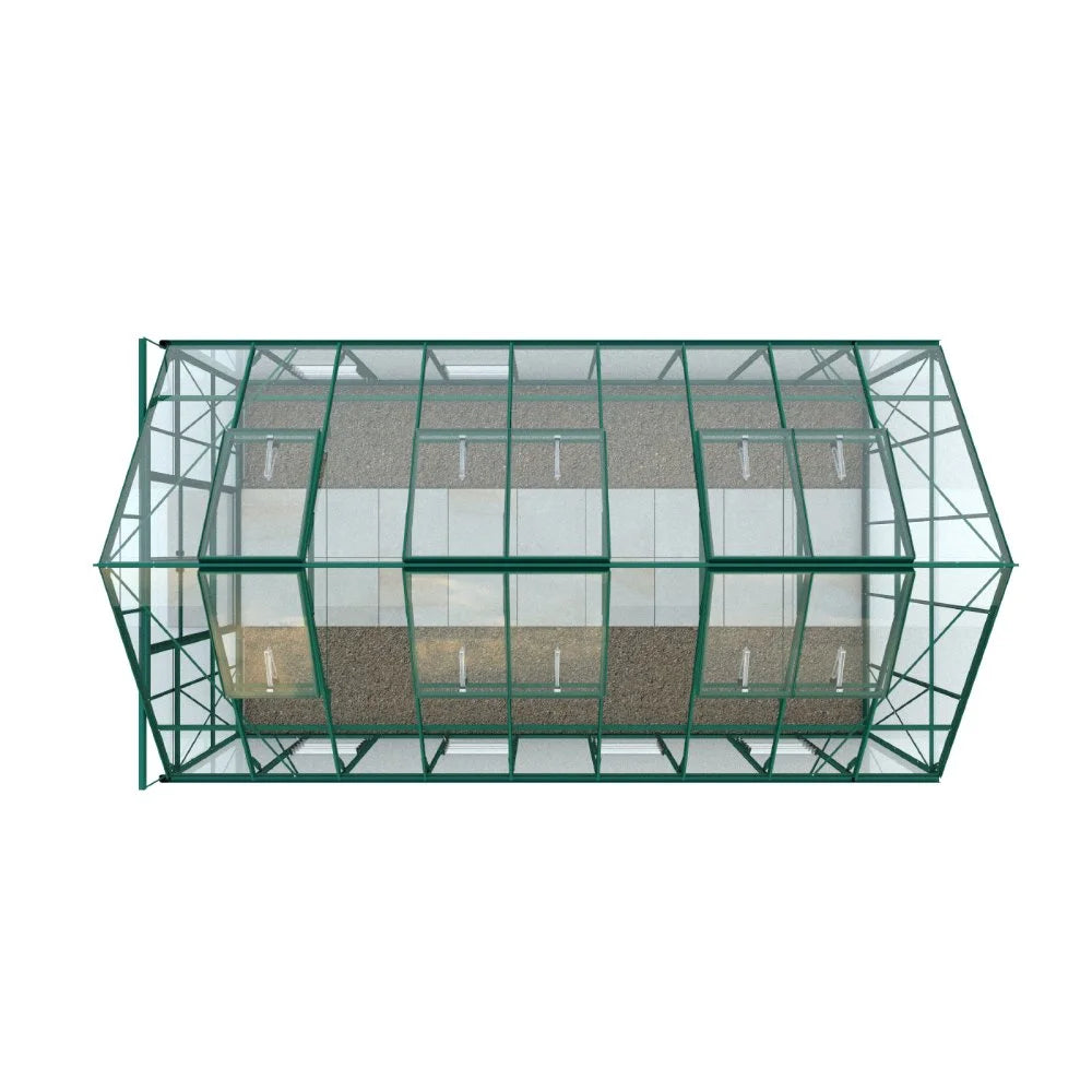 A rectangular Rhino Greenhouse with a steel frame and transparent panels is shown from above, showcasing its spacious interior on a white background.