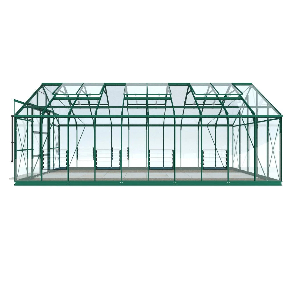 A large, rectangular glass Rhino Greenhouse with a green metal frame, featuring multiple windows and doors, sits isolated against a plain white background, suggesting a spacious, clear design.