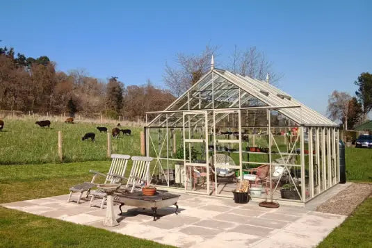 A glass Rhino Greenhouse sits on a patio with gardening tools inside. Several chairs are arranged outside, while cows graze in a nearby grassy field surrounded by trees.