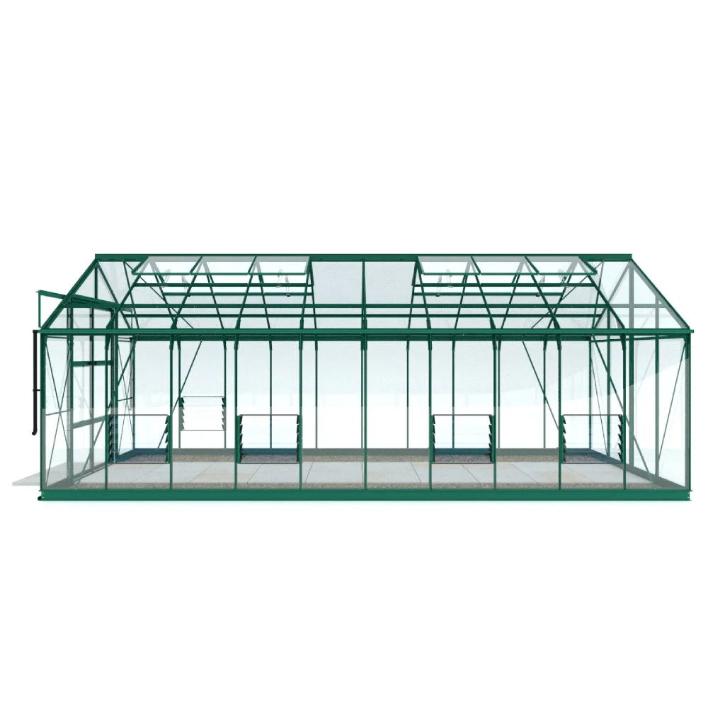 A green, rectangular Rhino Greenhouse with transparent panels stands on a light background. It has a gabled roof and sliding doors on the side, suitable for gardening use.