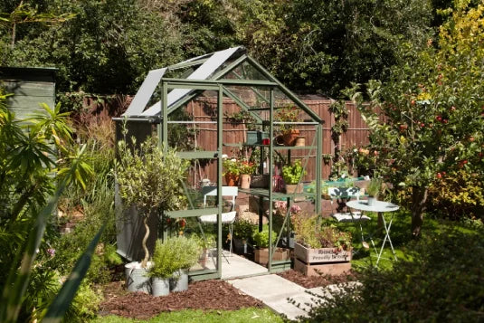 Rhino Greenhouse; stands surrounded by plants and gardening supplies; set in a lush, garden environment with a wooden fence and trees. Multiple potted plants are arranged inside and outside.