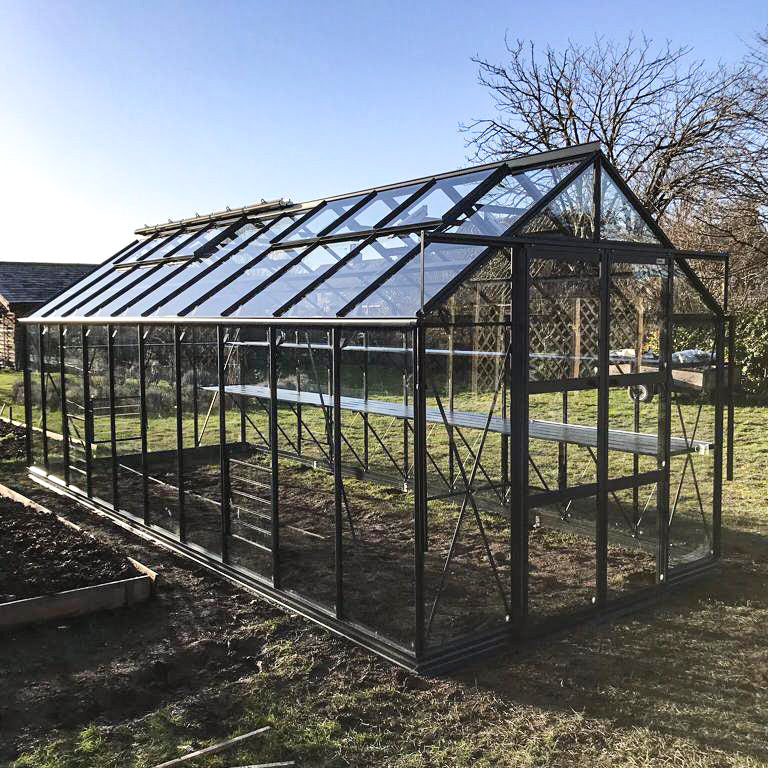 A glass and metal Rhino Greenhouse stands on grass, capturing sunlight. Surrounding it are bare trees and a simple garden in the background. No text is visible.