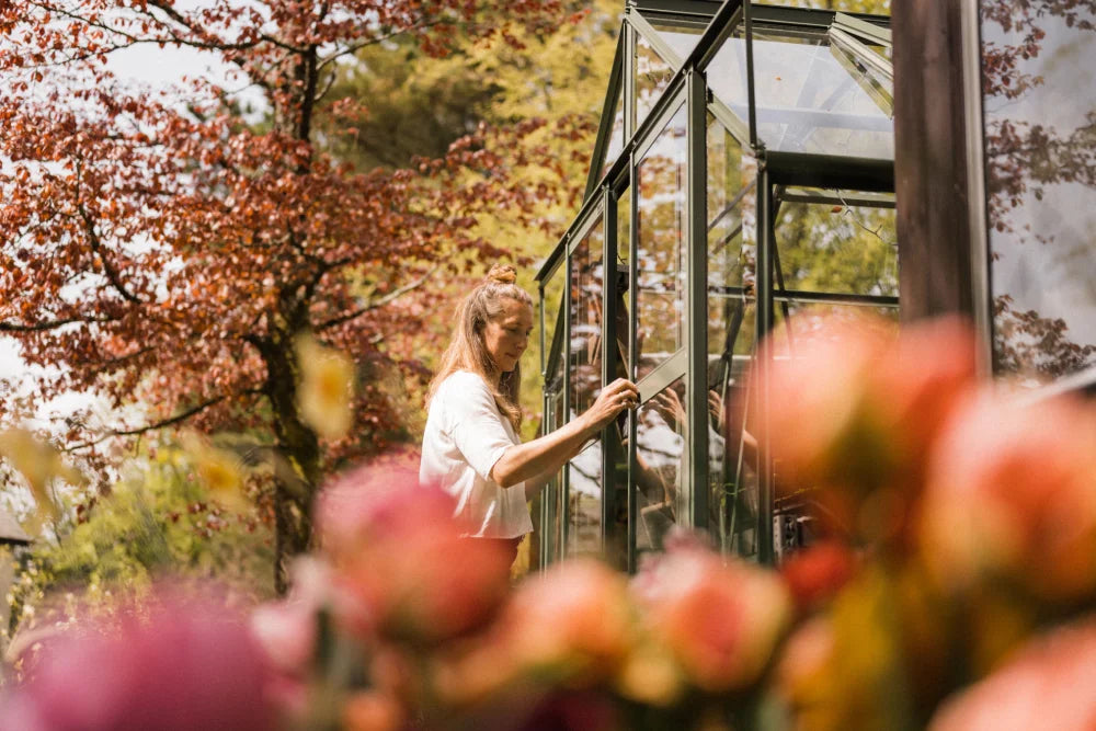 A person interacts with a glass Rhino Greenhouse in a lush garden, surrounded by blooming flowers and trees with colorful leaves.