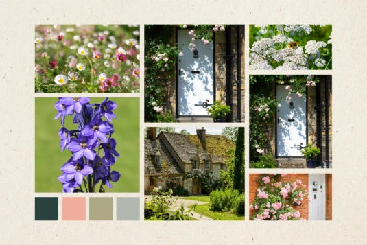 A collage featuring vibrant garden scenes: blooming flowers, charming cottage with lush greenery, doors adorned with floral arrangements. Color palette below includes green, pink, and beige hues.