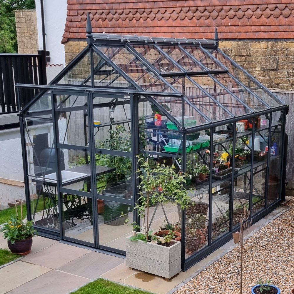 A glass-paneled Rhino Greenhouse stands on a patio, housing various plants and gardening tools. It is surrounded by a garden with potted plants, fenced by a wooden structure.