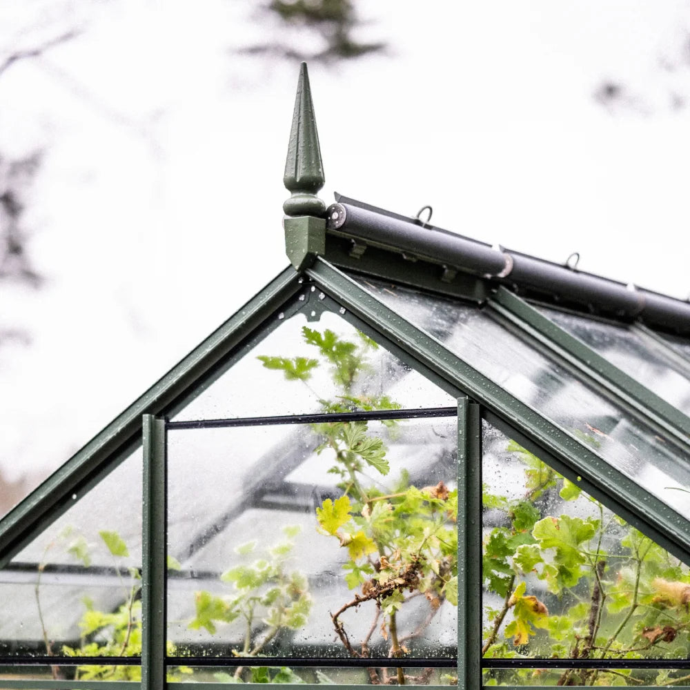 Rhino Greenhouse peak with a pointed finial. Glass panels reveal green plants inside, and raindrops are visible on the exterior. The background is a blurred, overcast sky with trees.