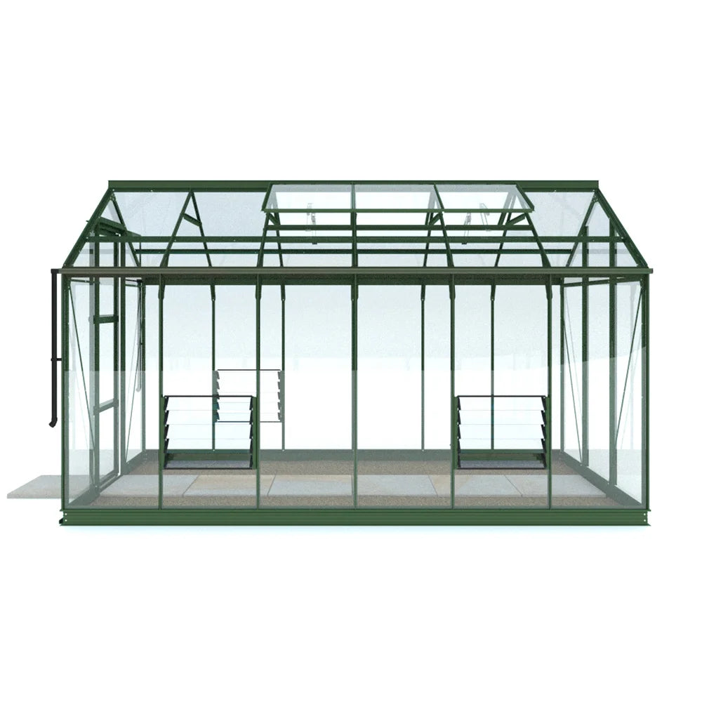 Rhino Greenhouse with a green metal frame and transparent glass panels. It features two sets of angled shelves inside, set on a plain, solid floor in a neutral space.
