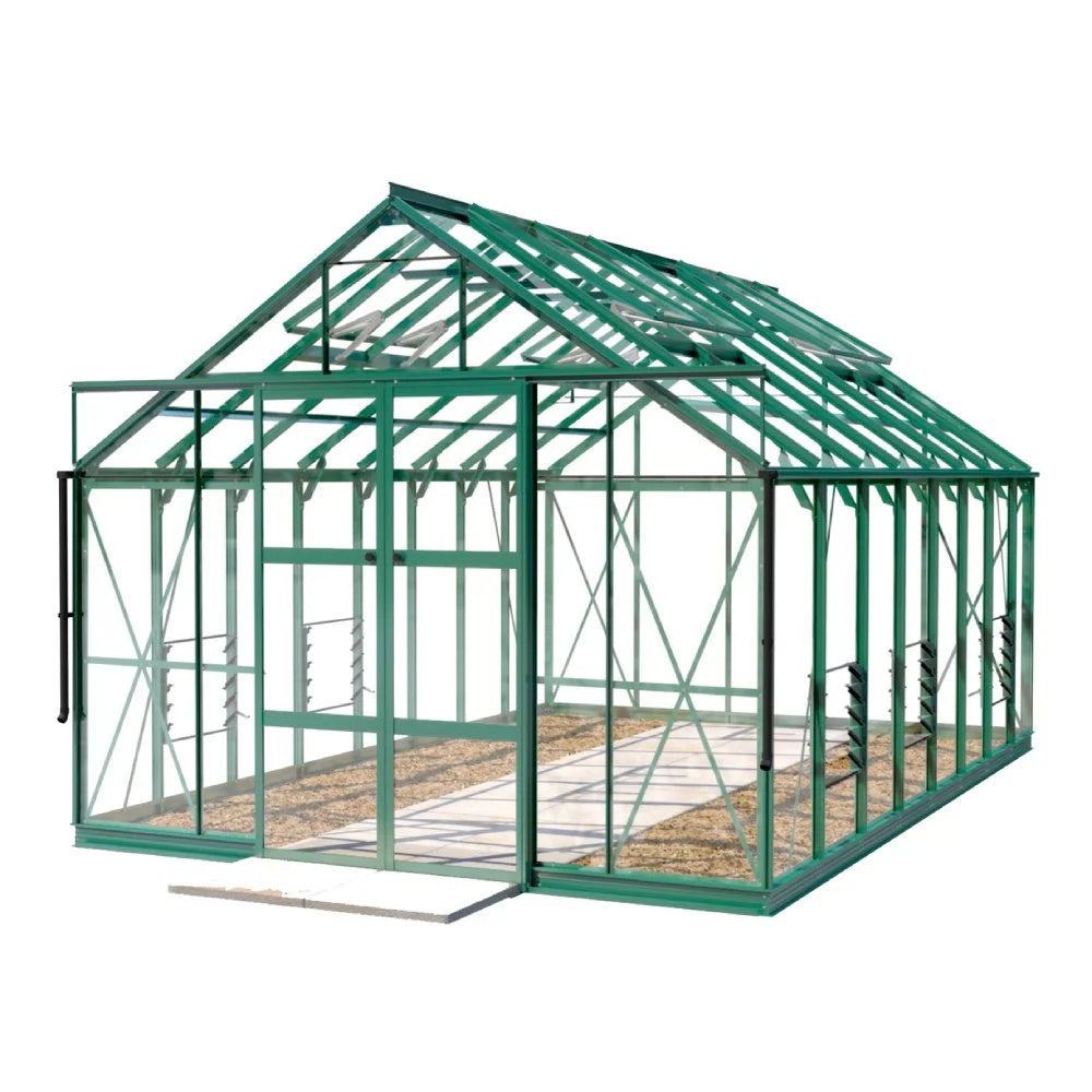 A green-framed Rhino Greenhouse with a pitched roof stands empty, displaying transparent walls and sliding doors, set against a plain white background.