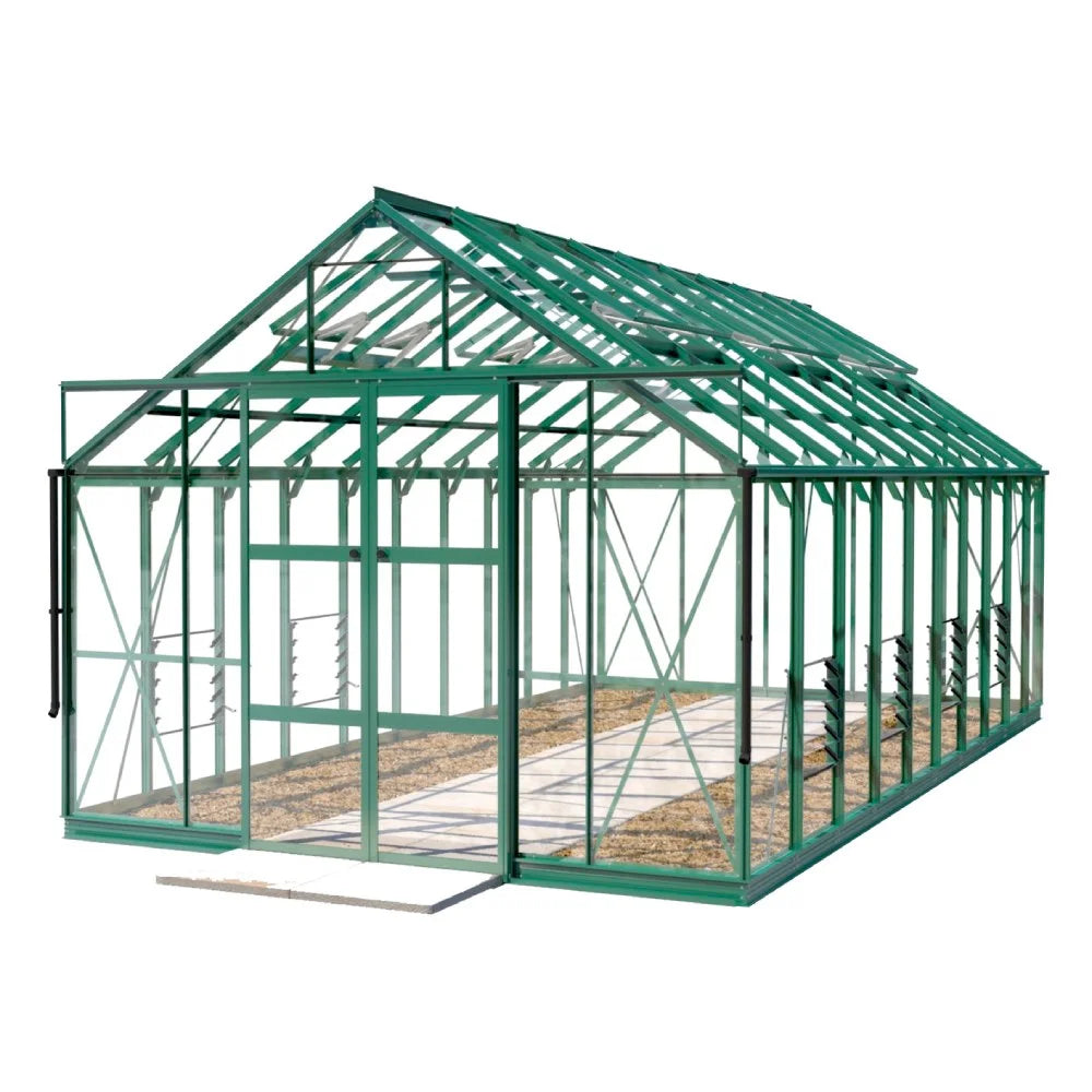 A green metal-framed Rhino Greenhouse stands empty, with sliding glass doors partially open, placed on a white background. The interior shows a pathway flanked by soil patches.