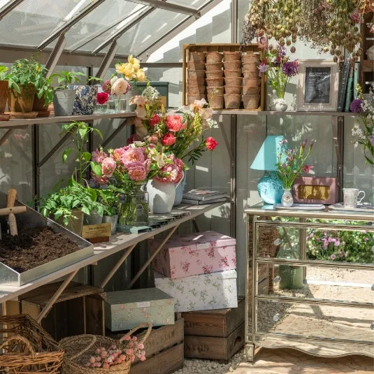 Rhino Greenhouse interior filled with vibrant flowers in vases, potted plants on shelves, and gardening tools. Decorative boxes and a mirrored table with a lamp and framed picture enhance the cozy ambiance.