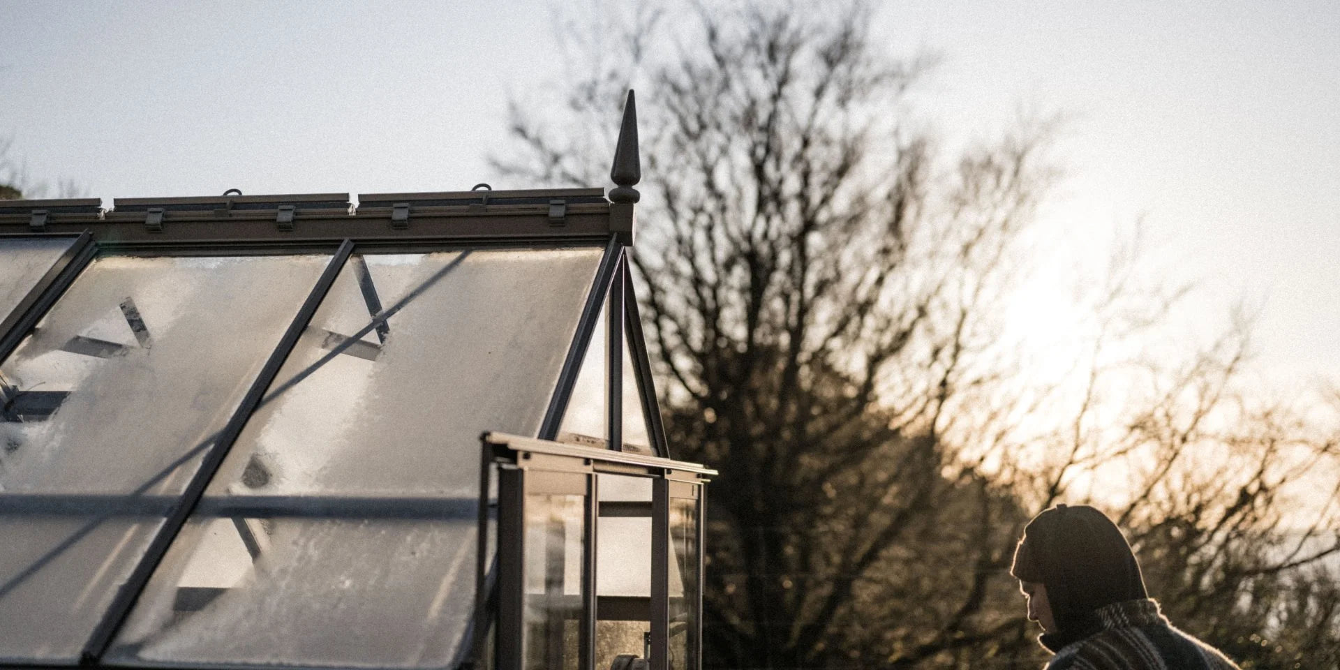 A Rhino Greenhouse with frosted glass reflects the morning light, situated in a quiet garden. A bundled-up person stands nearby, with bare trees silhouetted against a pale sky.