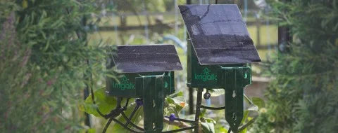 Solar-powered irrigation devices stand in a garden, surrounded by lush greenery. Each device features a small solar panel on top, with visible branding Irrogator in the scene.