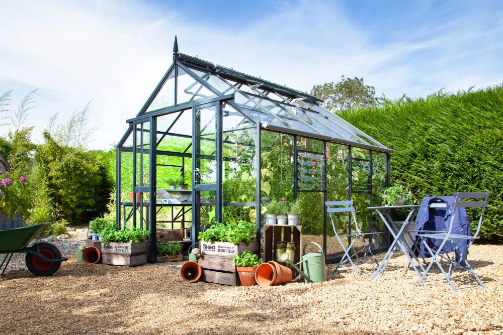 A glass Rhino Greenhouse contains various plants, surrounded by gardening tools and pots on gravel. Nearby, folding chairs and a table offer seating. Text includes RHINO BLOOMIN' LOVELY and RHINO Made in NORFOLK.